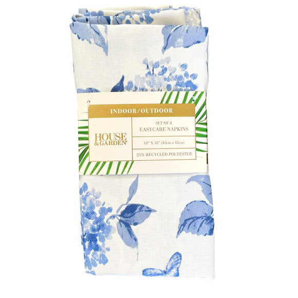 HOUSE AND GARDEN Spring SummerBlue Floral Set of 8 Easy Care 18X18 Napkins NEW